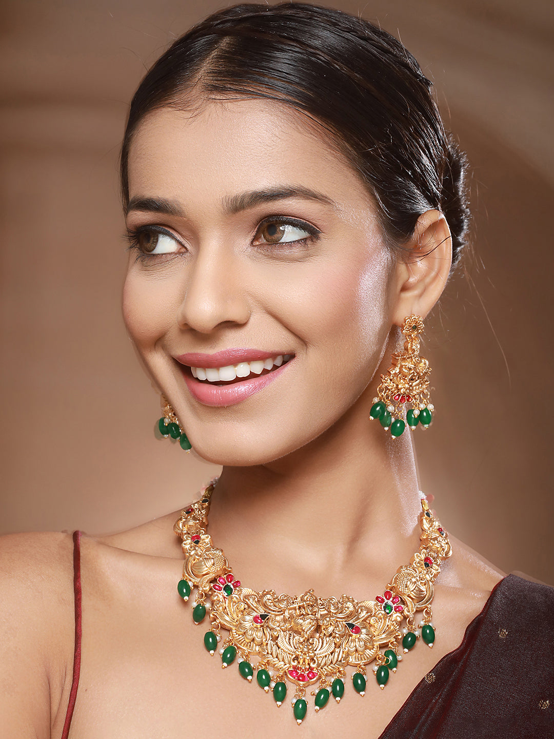 Gold Plated  Jadau Divine Radha  Krishna  Temple  Necklace Jewellery  Set